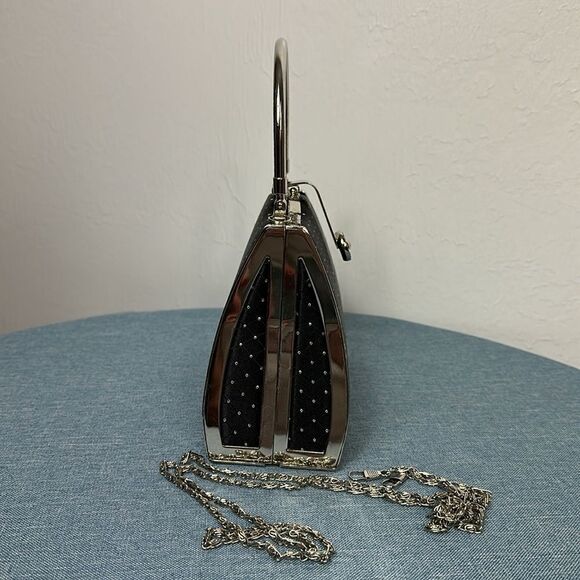 Black Evening Satin Rhinestones Beaded Purse With Chain - Picture 3 of 12